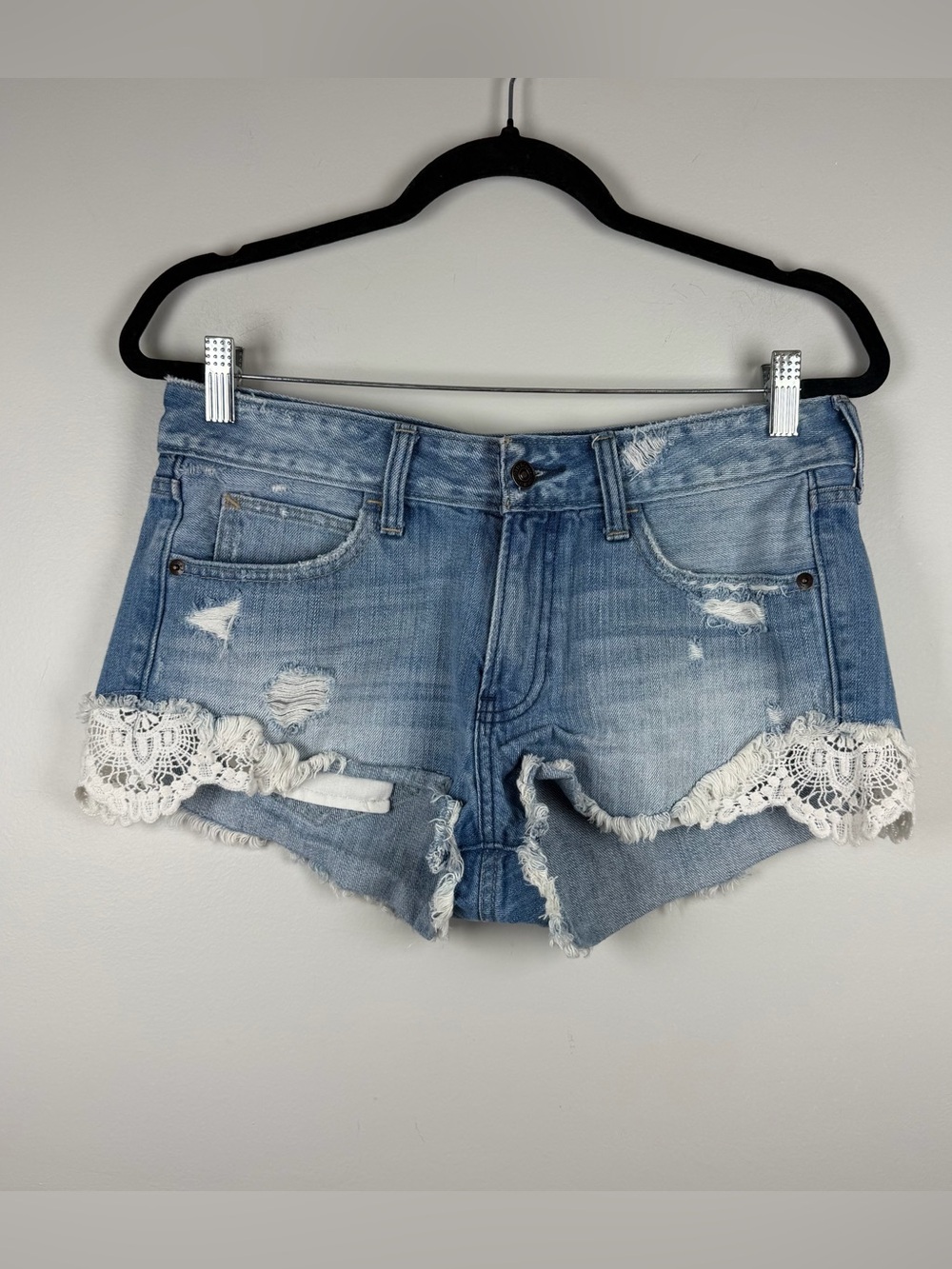 Abercrombie & Fitch Denim Blue Jean Low Rise Cut Off Lace Boho Short Jorts 6/28